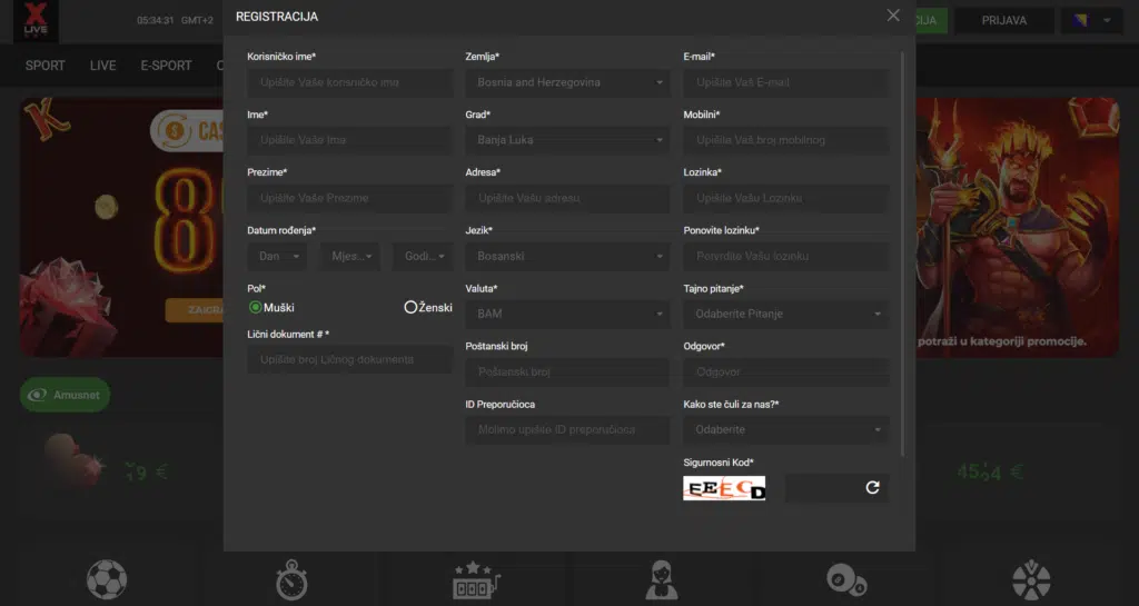 Proces registracije Xlivebet