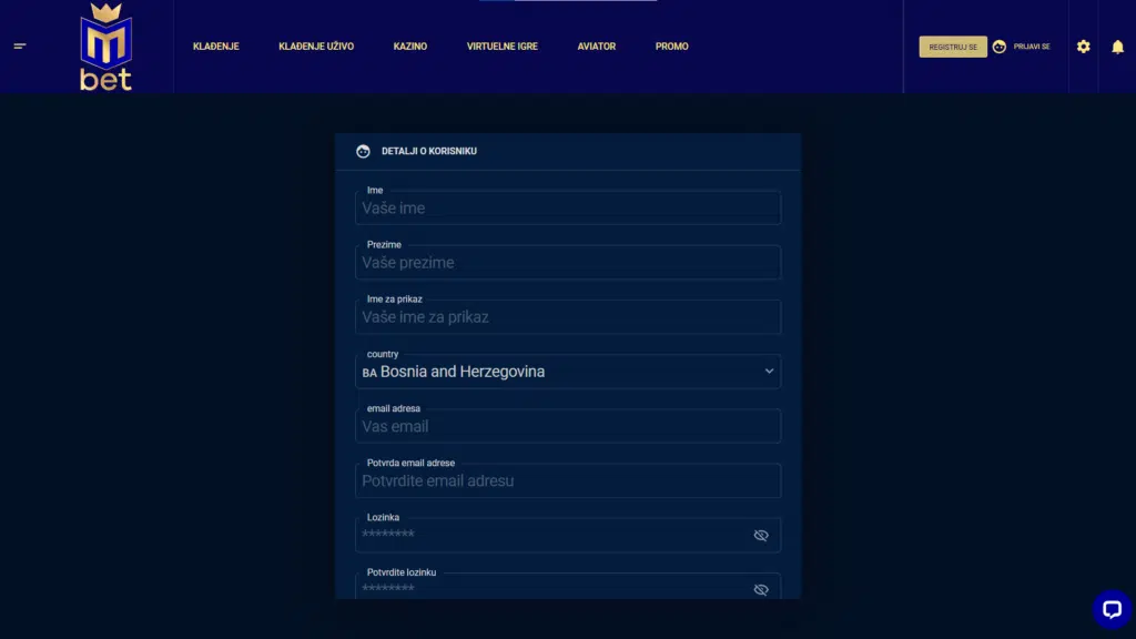 Proces registracije Mbet